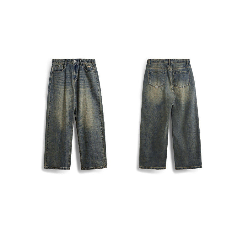 Retro Cat Beard Distressed Wide Leg Jeans Baggy Straight Trousers