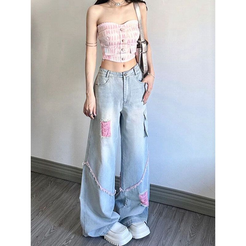 Ripped Cargo Jeans Women's High Waist Baggy Straight Trousers