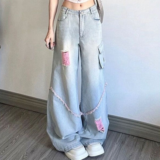 Ripped Cargo Jeans Women's High Waist Baggy Straight Trousers