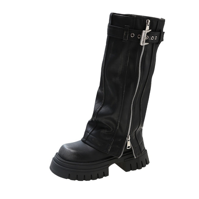 Heavy Industry Zipper High-top Round Head Thick Bottom Below The Knee Boots Women's Shoes