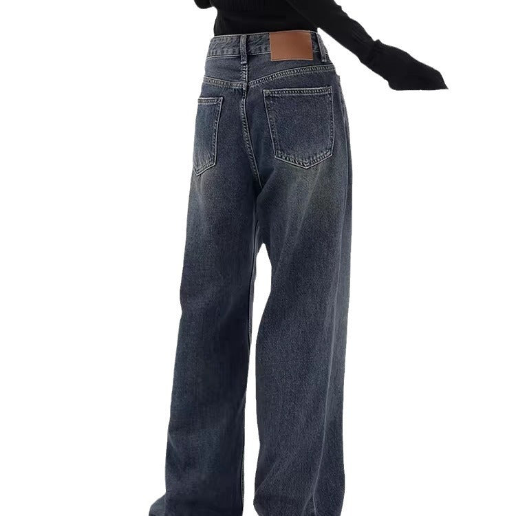 Retro Dark Blue Wide Leg Jeans Baggy Straight Trousers