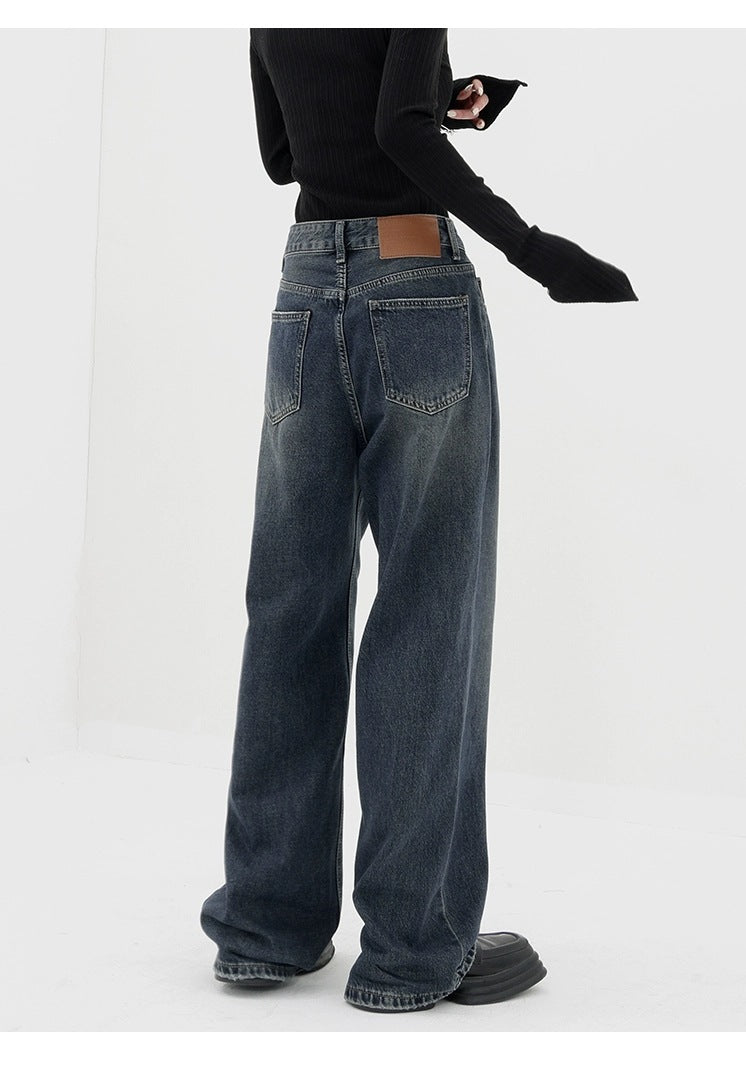 Retro Dark Blue Wide Leg Jeans Baggy Straight Trousers