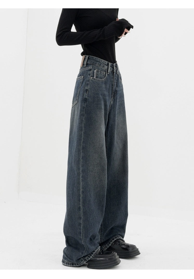 Retro Dark Blue Wide Leg Jeans Baggy Straight Trousers