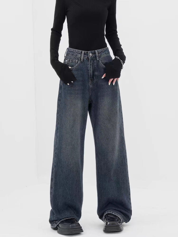 Retro Dark Blue Wide Leg Jeans Baggy Straight Trousers