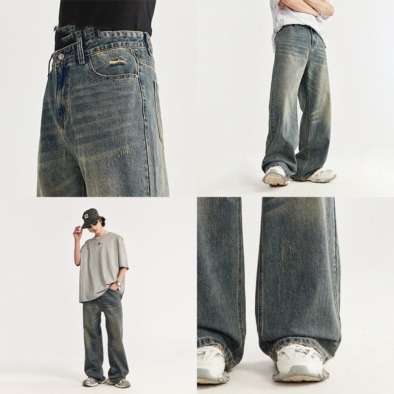 Retro Cat Beard Distressed Wide Leg Jeans Baggy Straight Trousers