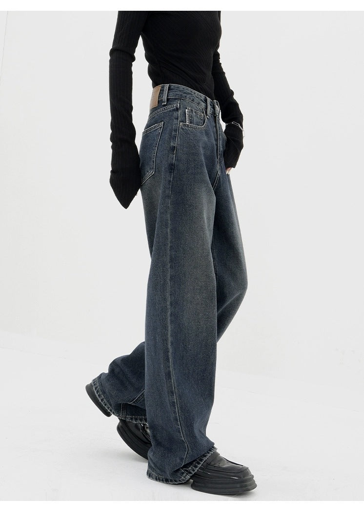 Retro Dark Blue Wide Leg Jeans Baggy Straight Trousers