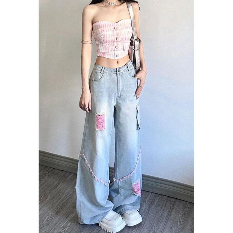 Ripped Cargo Jeans Women's High Waist Baggy Straight Trousers