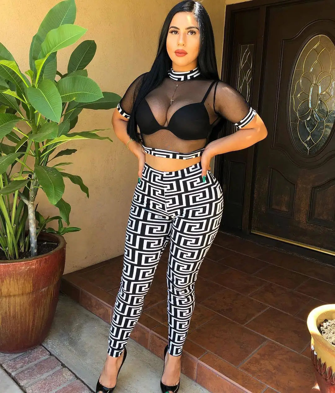 See through Sexy Two Piece Set Women Transparent Mesh Crop Top and Pencil Pants Suit Party Club Wear 2 Piece Outfits