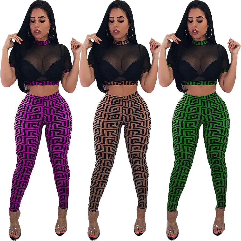 See through Sexy Two Piece Set Women Transparent Mesh Crop Top and Pencil Pants Suit Party Club Wear 2 Piece Outfits