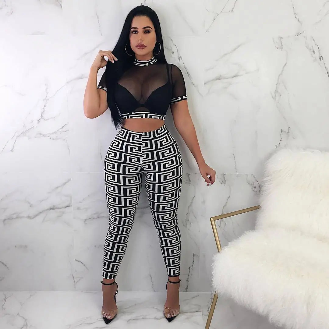 See through Sexy Two Piece Set Women Transparent Mesh Crop Top and Pencil Pants Suit Party Club Wear 2 Piece Outfits