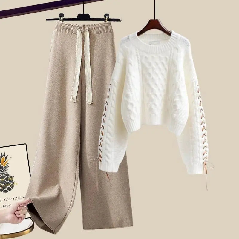 Winter New Round Neck Long Sleeve Knitted Sweater Fried Dough Twists Knitted Wide Leg Pants Two Piece Elegant Women's Pants Set