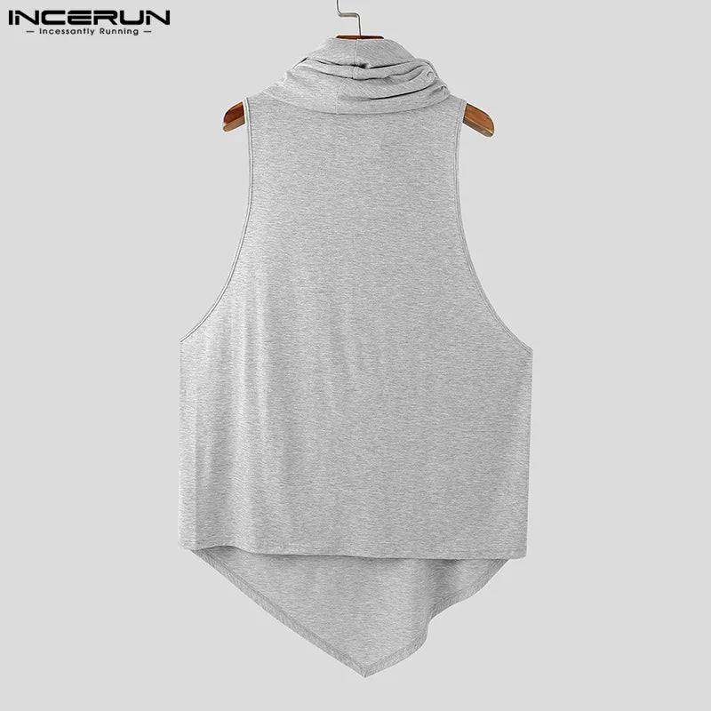 INCERUN 2024 American Style Sets Fashion Men's Sleeveless Sweatshirt Pants Casual Pile Neck Design Irregular Hem Two-piece Sets