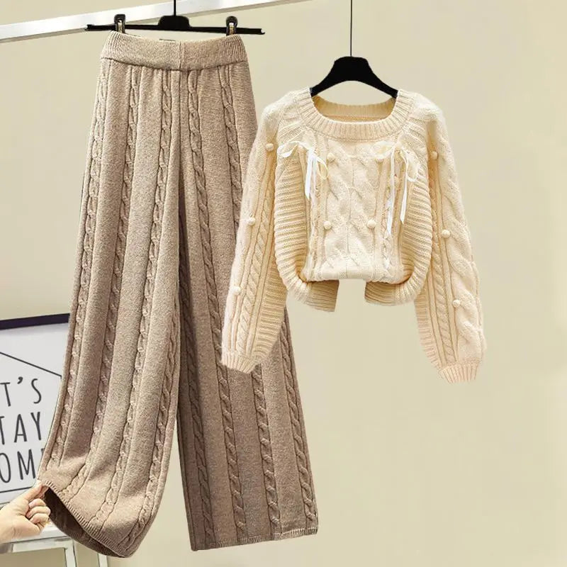 Winter New Round Neck Long Sleeve Knitted Sweater Fried Dough Twists Knitted Wide Leg Pants Two Piece Elegant Women's Pants Set