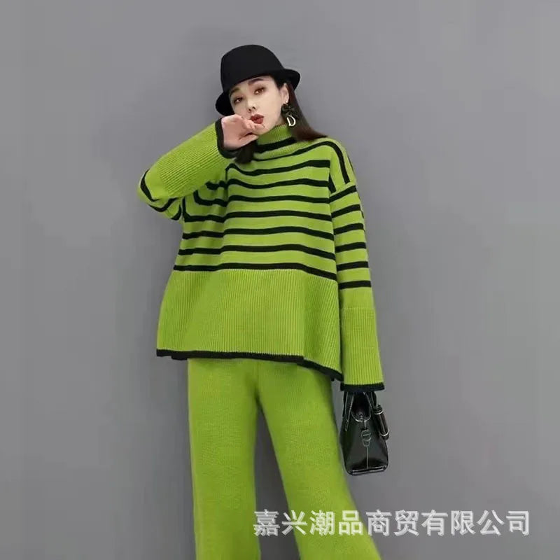 Autumn and Winter Two Piece Set for Women Turtleneck Sweater Loose Stripes Tops+Pant Sets Lazy Sweater for Women Wide Leg Pants