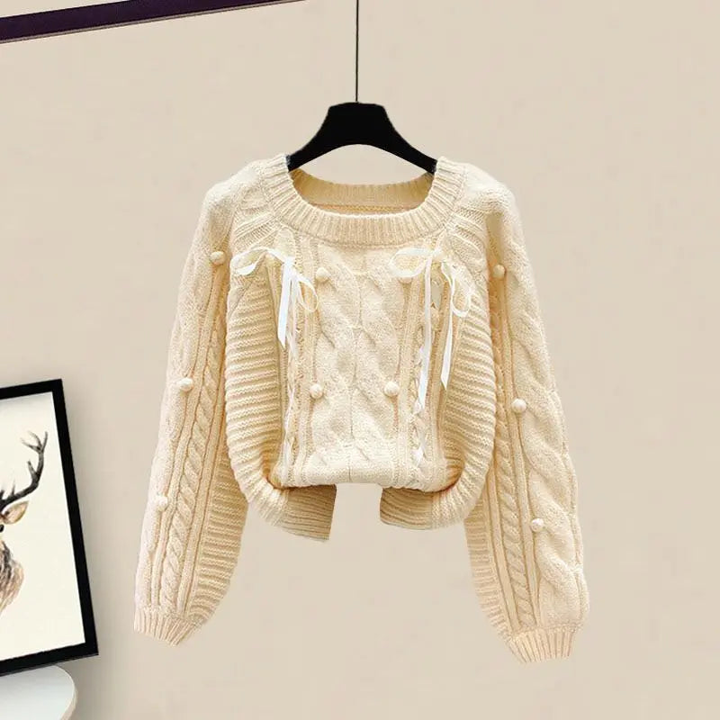 Winter New Round Neck Long Sleeve Knitted Sweater Fried Dough Twists Knitted Wide Leg Pants Two Piece Elegant Women's Pants Set