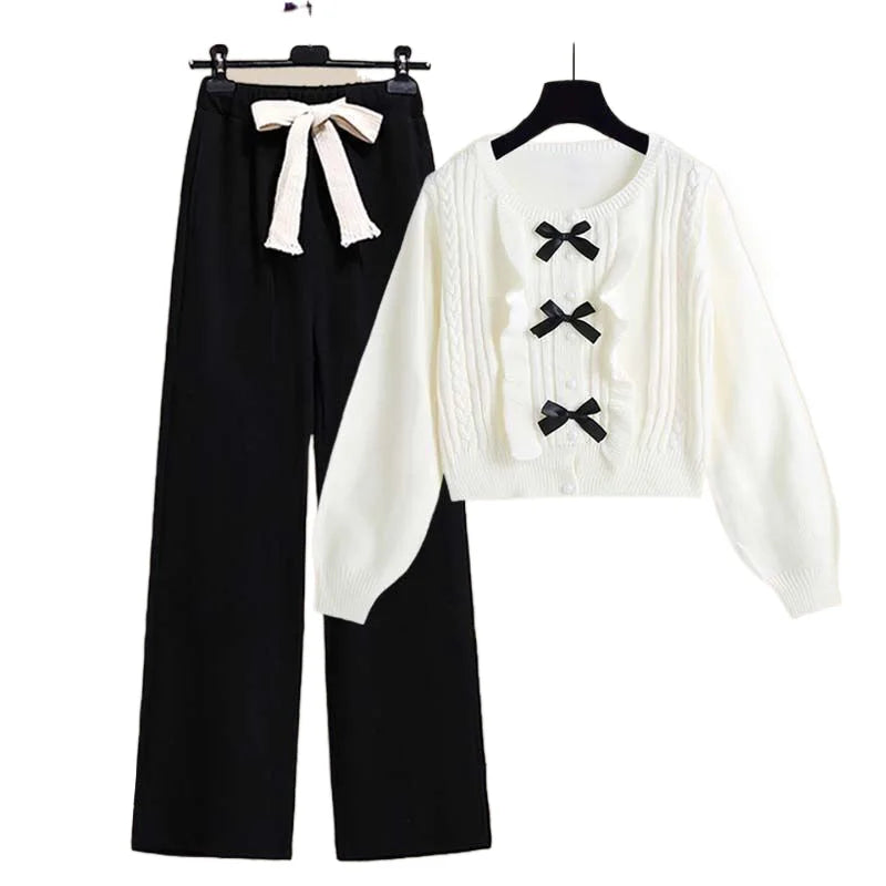 Bowknot Round Neck Knitted Sweater Pullover Lace-up Casual Wide Leg Pants Two-piece Elegant Women's Pants Set Outfits