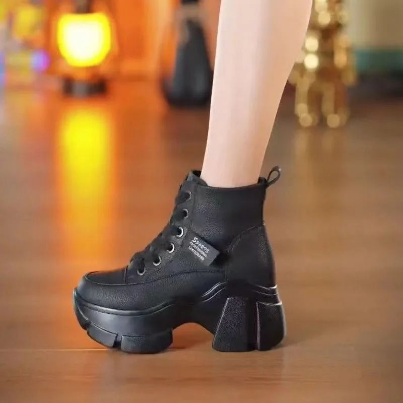 Women's Shoes on Sale High Quality Lace Up Women Boots Winter Round Toe Mixed Colors Short Barrel Platform Increase Height Boots