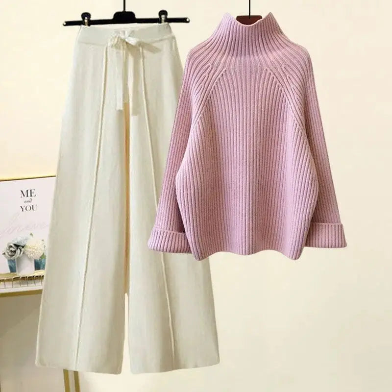 Autumn Winter New Loose Semi High Neck Long Sleeved Knitted Sweater Plush Wide Leg Pants Two-piece Set Elegant Women's Pants Set