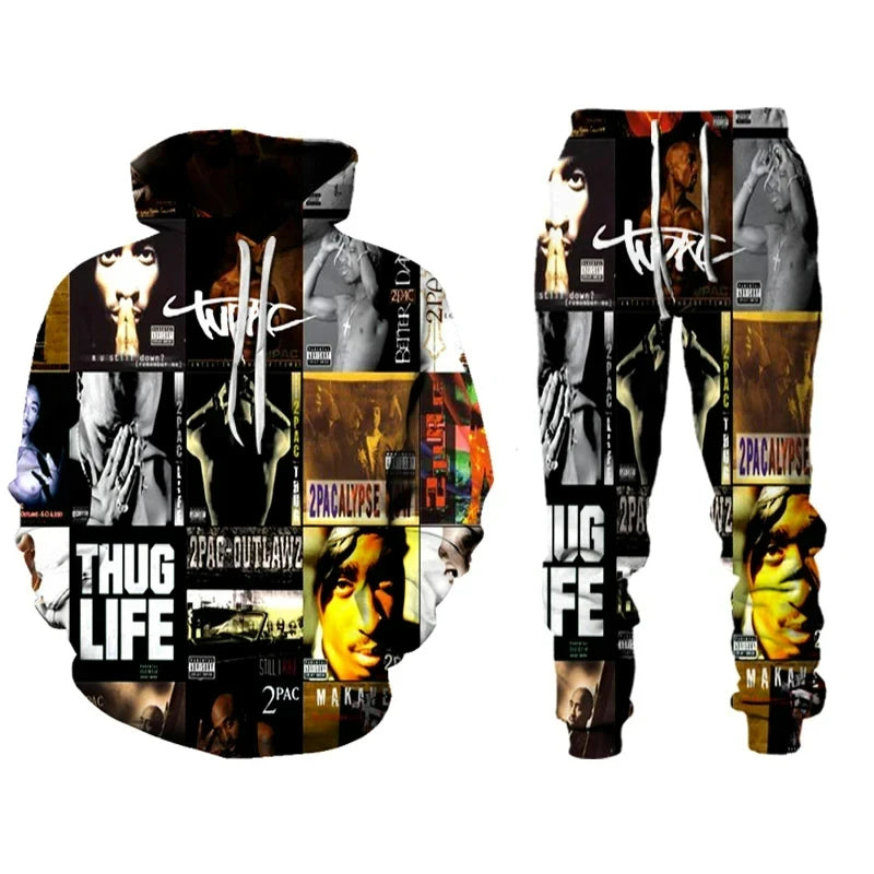 Rap Singer 2 PAC Tupac 3D Printed Hoodie Suit Men Sweatshirts Sweatpants Casual Fashion Two Piece Tracksuit Set Men's Clothing