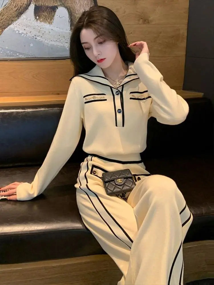 Fashion Suit Women's Autumn and Winter New Style Western-style Age Reducing Navy Collar Top Long Pants Two-piece Set