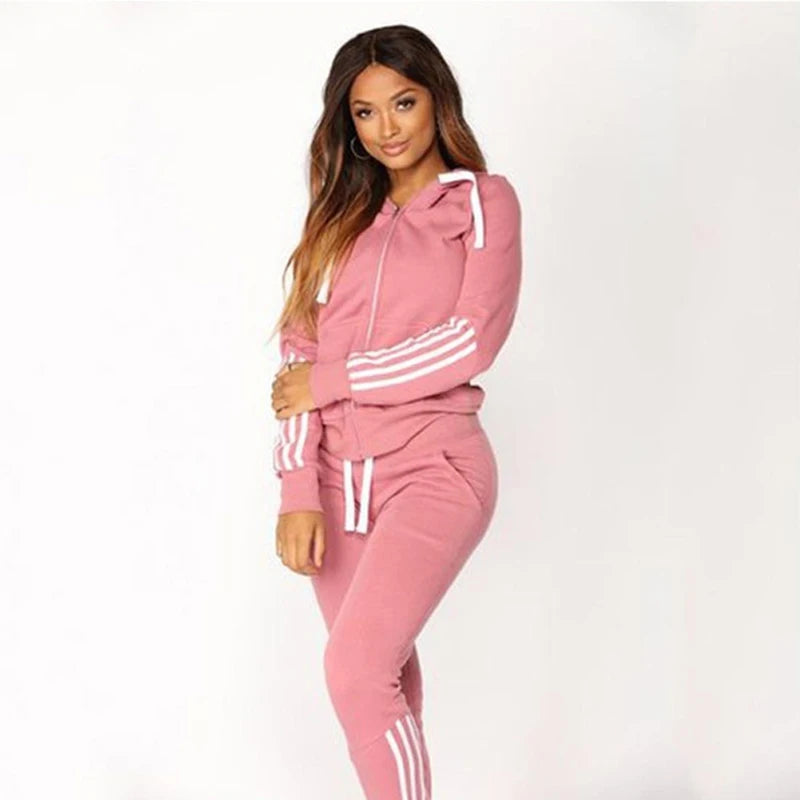 Women's striped sportswear two-piece casual long sleeved full zippered hoodie and pants sportswear set