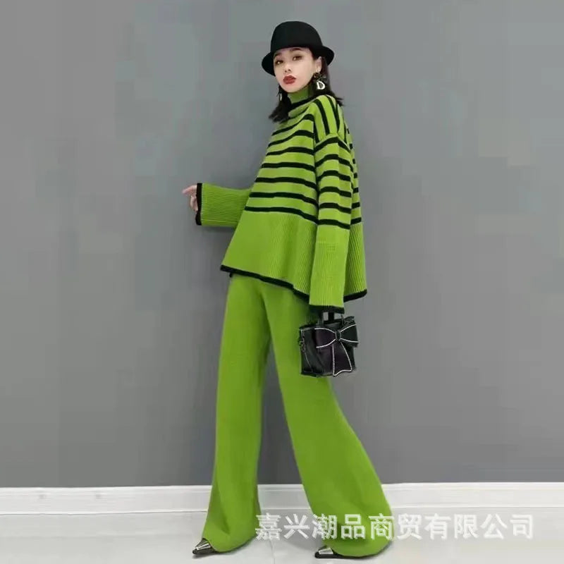 Autumn and Winter Two Piece Set for Women Turtleneck Sweater Loose Stripes Tops+Pant Sets Lazy Sweater for Women Wide Leg Pants