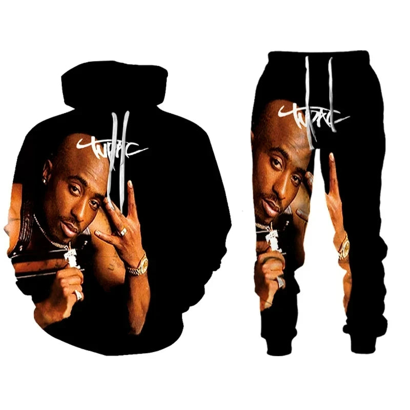 Rap Singer 2 PAC Tupac 3D Printed Hoodie Suit Men Sweatshirts Sweatpants Casual Fashion Two Piece Tracksuit Set Men's Clothing