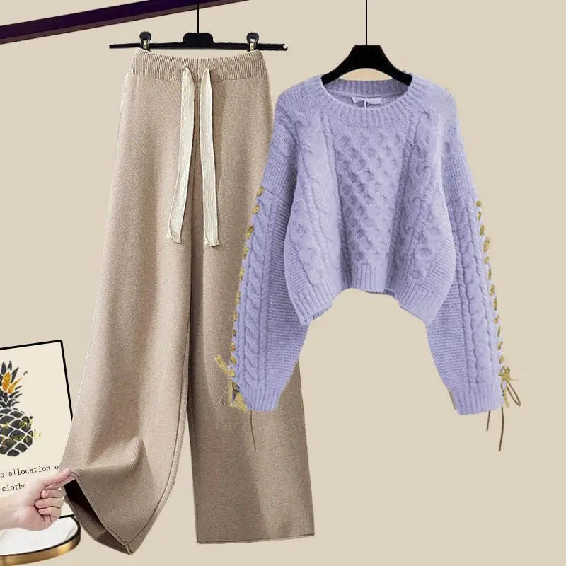 Winter New Round Neck Long Sleeve Knitted Sweater Fried Dough Twists Knitted Wide Leg Pants Two Piece Elegant Women's Pants Set