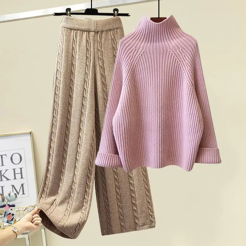 Winter New Round Neck Long Sleeve Knitted Sweater Fried Dough Twists Knitted Wide Leg Pants Two Piece Elegant Women's Pants Set