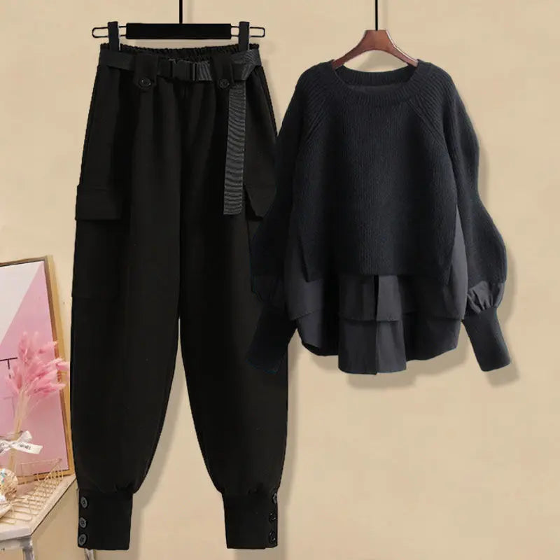 Spring and Autumn Season Set Women's 2023 New Korean Edition Loose Fake Two Piece Knitted Sweater Work Pants Two Piece Set