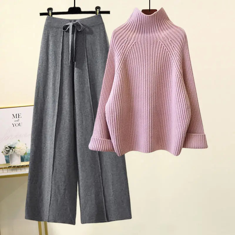 Autumn Winter New Loose Semi High Neck Long Sleeved Knitted Sweater Plush Wide Leg Pants Two-piece Set Elegant Women's Pants Set