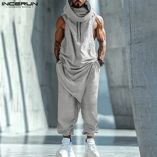 INCERUN 2024 American Style Sets Fashion Men's Sleeveless Sweatshirt Pants Casual Pile Neck Design Irregular Hem Two-piece Sets