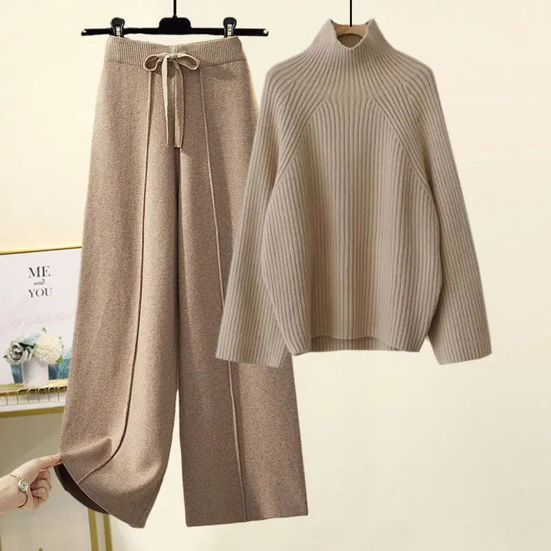 Autumn Winter New Loose Semi High Neck Long Sleeved Knitted Sweater Plush Wide Leg Pants Two-piece Set Elegant Women's Pants Set