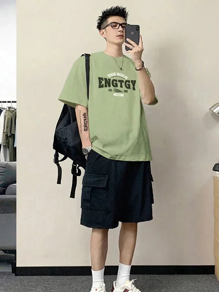 Alphabet Men's Shorts Set Grey Sports Suits Offer Korean Style Trendy Two Piece Male T Shirt Short Sets New in Tops & Tees Kpop