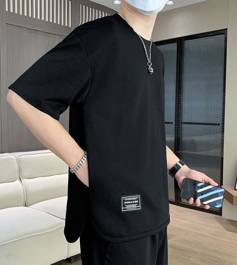 Men's Shorts Set Black Plain Workout Clothing Male T Shirt Short Sets Youthful Emo Two Piece Korean Style 2024 Outfit Stylish