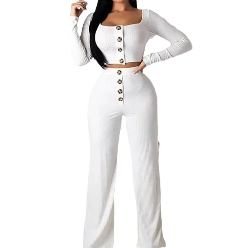 Button Solid Two Piece Set Women's Outfit Fashion Square Neck Long Sleeve Casual Short Cardigan Top & Buttoned Casual Pants Suit