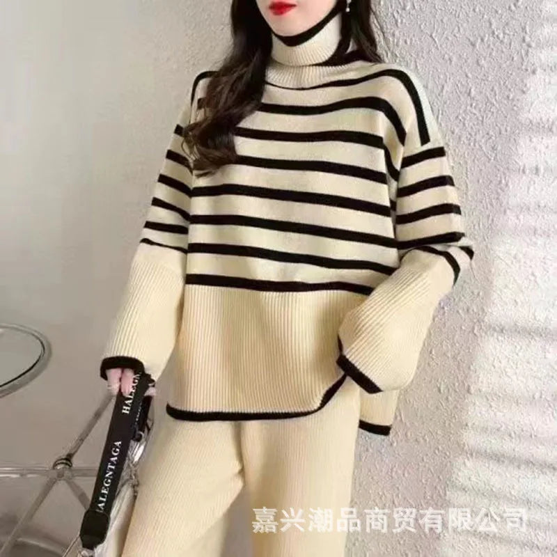 Autumn and Winter Two Piece Set for Women Turtleneck Sweater Loose Stripes Tops+Pant Sets Lazy Sweater for Women Wide Leg Pants