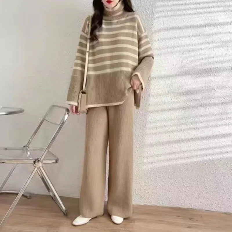 Autumn and Winter Two Piece Set for Women Turtleneck Sweater Loose Stripes Tops+Pant Sets Lazy Sweater for Women Wide Leg Pants