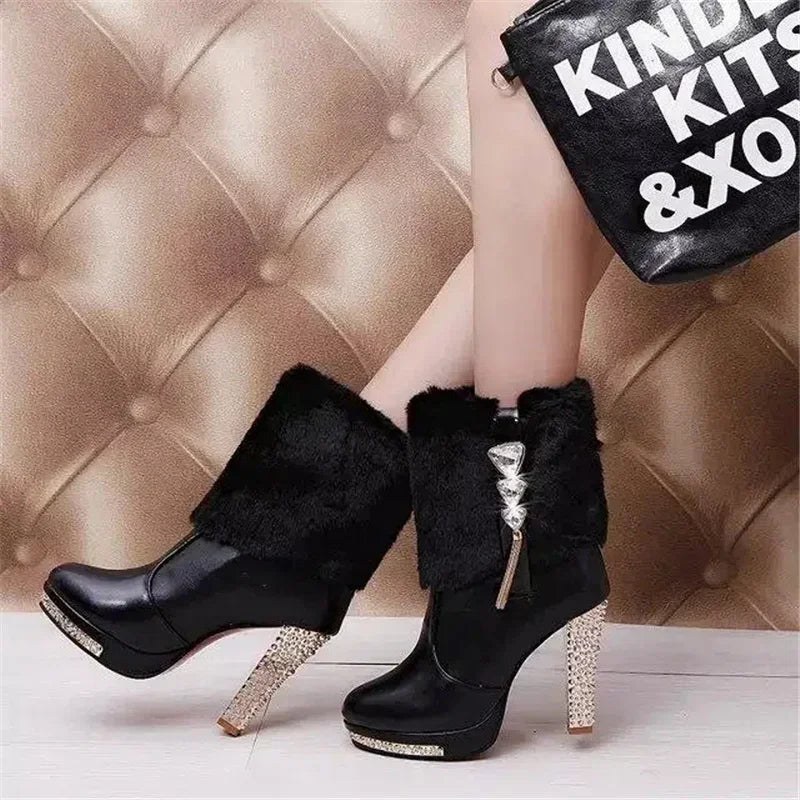 Women Cute Sweet High Quality White Pu Leather High Heel Boots Lady Casual Autumn & Winter Warm Boots Cool Shoes