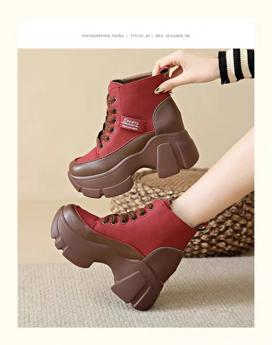 Women's Shoes on Sale High Quality Lace Up Women Boots Winter Round Toe Mixed Colors Short Barrel Platform Increase Height Boots