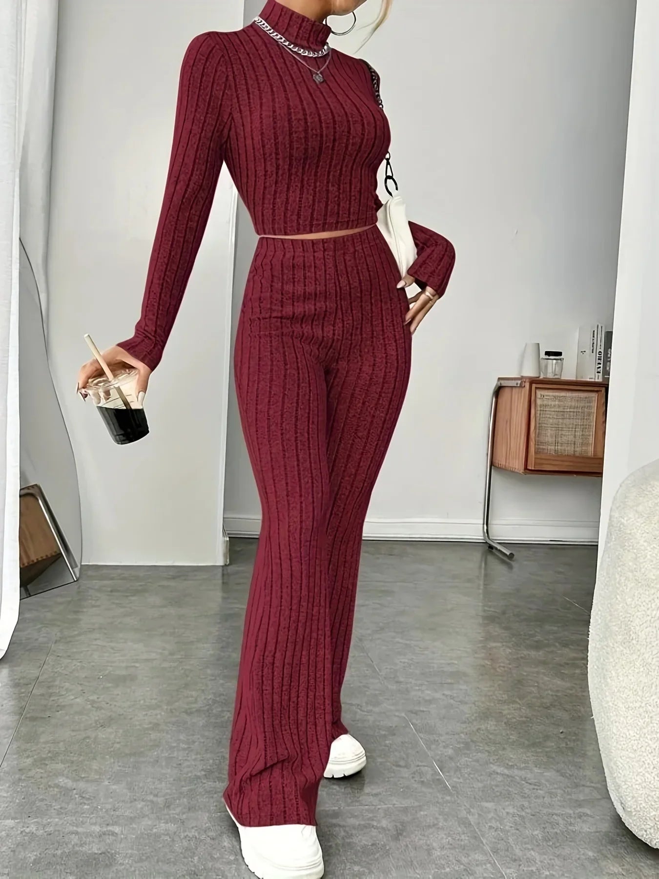 2024 Spring Knitted 2 Piece Sets Women Tracksuit Long Sleeve Vintage Sweater Crop Top Flare Pants Stretch Matching Suit Outfit