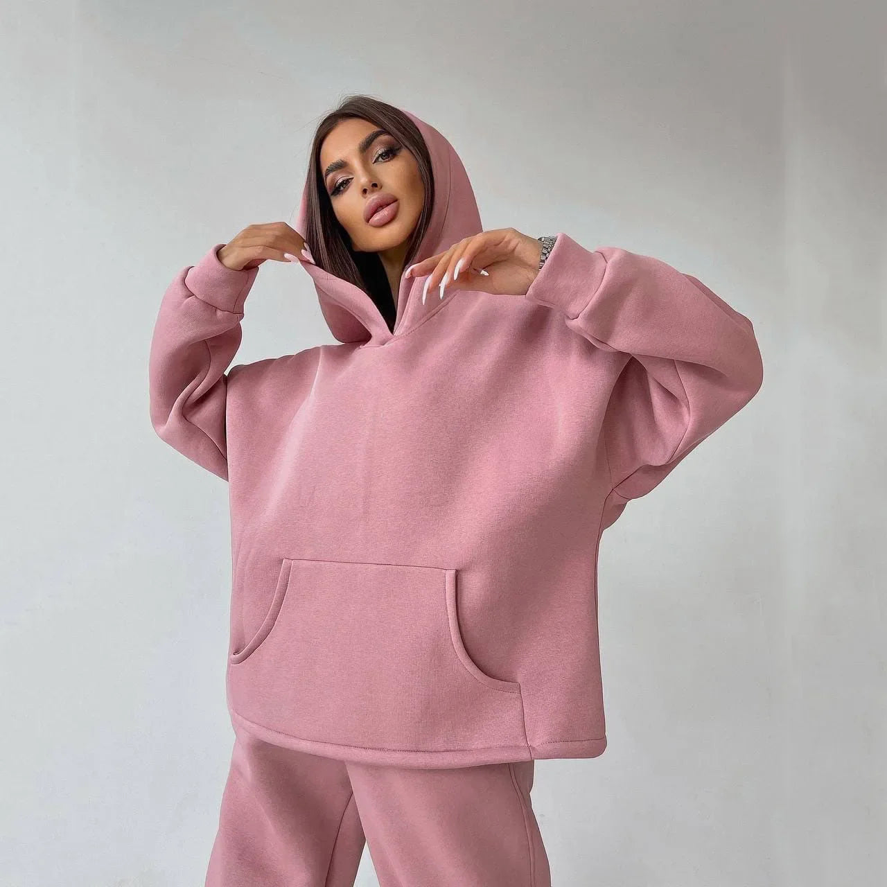 Casual Sport Tracksuit Women Hooded Two Pieces Set Sweatshirts Pullover Hoodies Pockets Pants Suit Trousers Outfits Autumn 2023