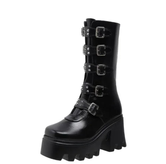 Women Boots Plus Size 2024 New Platform Thick Heel Boots Women Punk Gothic Black Buckle Shoes Woman Fashion Women's Boots