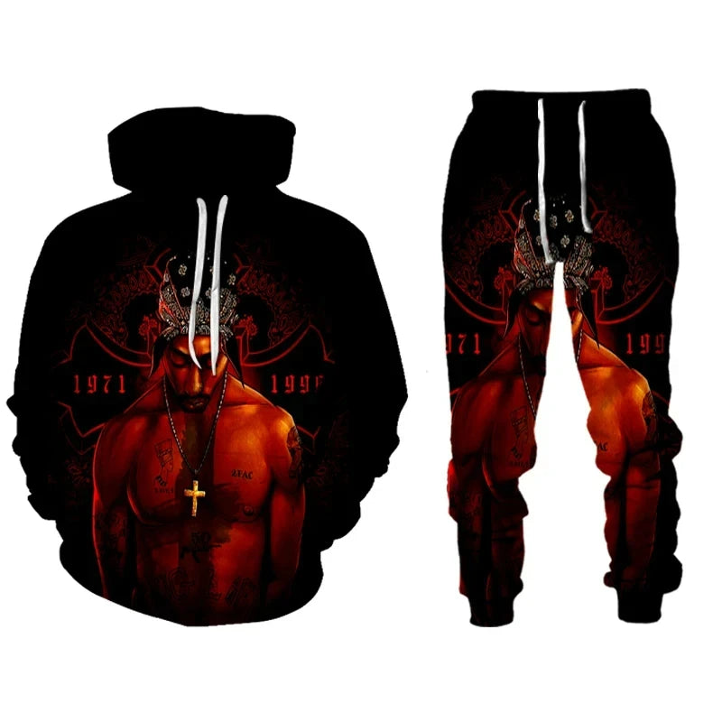 Rap Singer 2 PAC Tupac 3D Printed Hoodie Suit Men Sweatshirts Sweatpants Casual Fashion Two Piece Tracksuit Set Men's Clothing