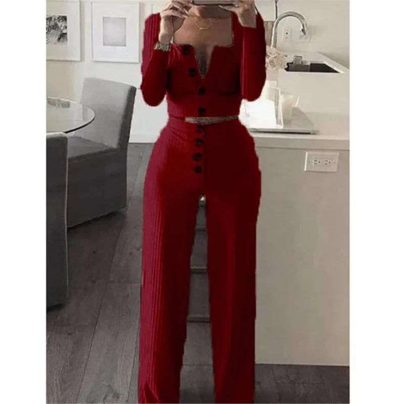 Button Solid Two Piece Set Women's Outfit Fashion Square Neck Long Sleeve Casual Short Cardigan Top & Buttoned Casual Pants Suit