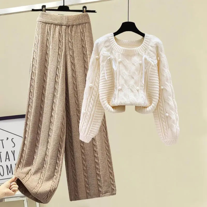 Winter New Round Neck Long Sleeve Knitted Sweater Fried Dough Twists Knitted Wide Leg Pants Two Piece Elegant Women's Pants Set