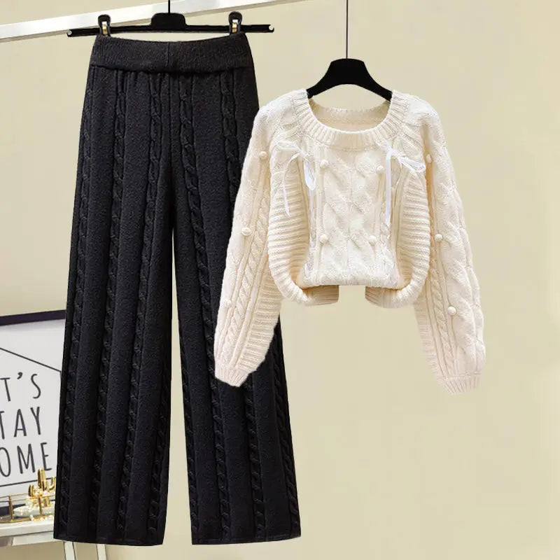 Winter New Round Neck Long Sleeve Knitted Sweater Fried Dough Twists Knitted Wide Leg Pants Two Piece Elegant Women's Pants Set