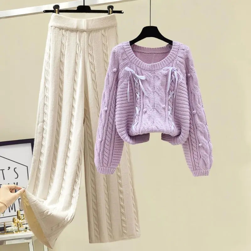 Winter New Round Neck Long Sleeve Knitted Sweater Fried Dough Twists Knitted Wide Leg Pants Two Piece Elegant Women's Pants Set