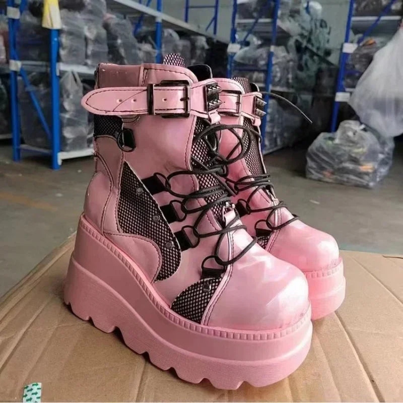 Pink Punk Women Boots Zipper Platform Ladies Boot Chunky High Heel Ankle Boot Ladies Cool Wedge Woman Female Shoes for Women