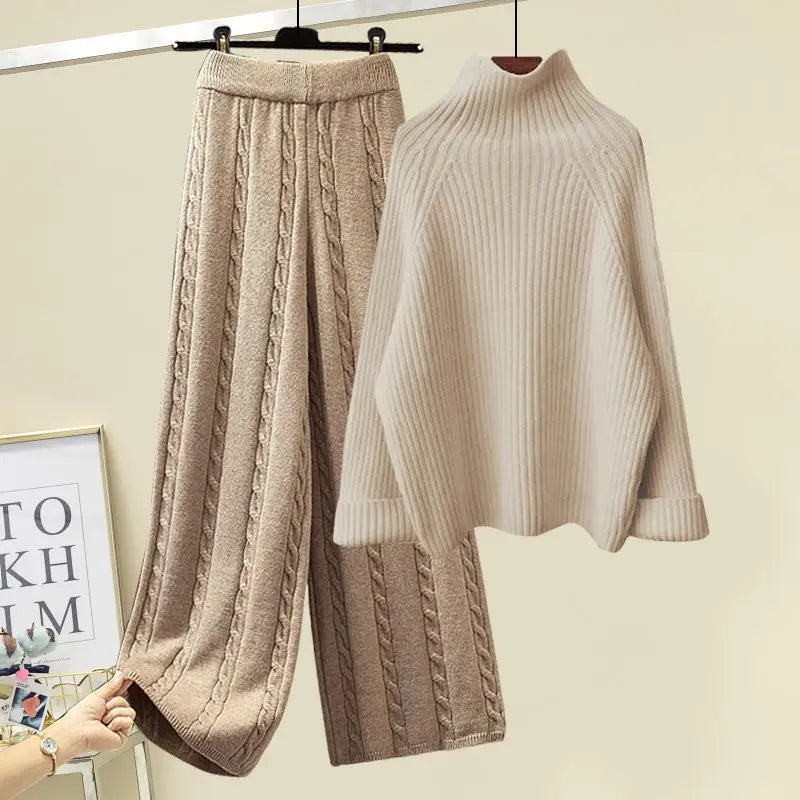 Winter New Round Neck Long Sleeve Knitted Sweater Fried Dough Twists Knitted Wide Leg Pants Two Piece Elegant Women's Pants Set